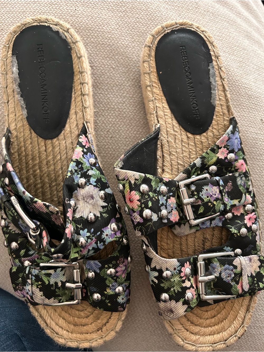 Rebecca Minkoff Black Floral Buckle Espadrille Sandals with Studs
